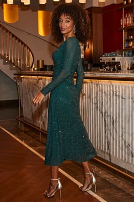 Emerald Green Embellished Fit & Flare Midi Dress