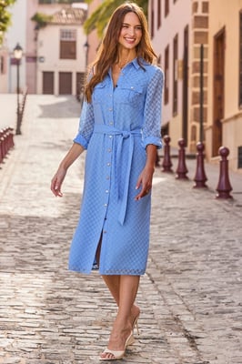 Cornflower Blue Textured Belted Shirt Dress