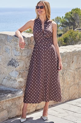 Brown Spot Print Linen Blend Midi Shirt Dress
