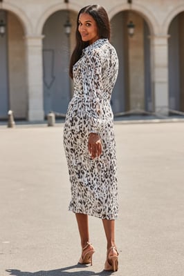 Grey Leopard Print Belted Shirt Dress