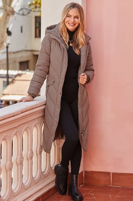 Taupe Longline Padded Coat With Belt