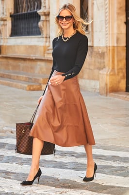 Tan Leather Look Panelled A-Line Midi Skirt