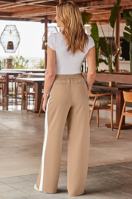 Camel & White Side Stripe Wide Leg Trousers