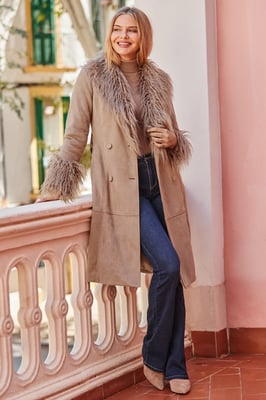 Taupe Luxe Faux Suede & Fur Afghan Coat