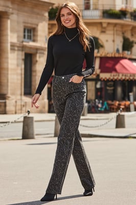 Grey Leopard Print Wide Leg Jeans