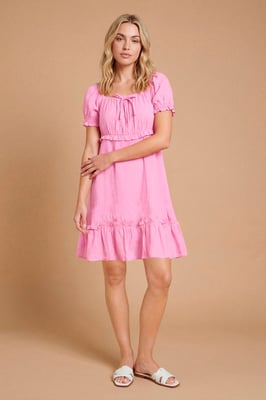 Petite Tie Detail Puff Sleeve Cotton Mini Dress