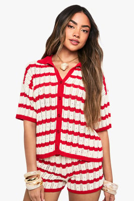 Crochet Stripe Collared Shirt and Short Co-Ord