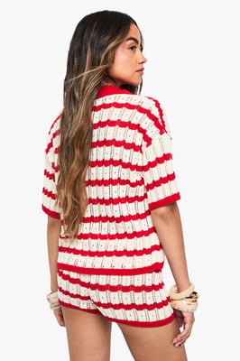 Crochet Stripe Collared Shirt and Short Co-Ord