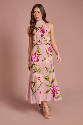 High Neck Midi Dress With Floral Embroidery