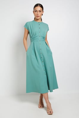 Structured Ruched Button Through Maxi Dress