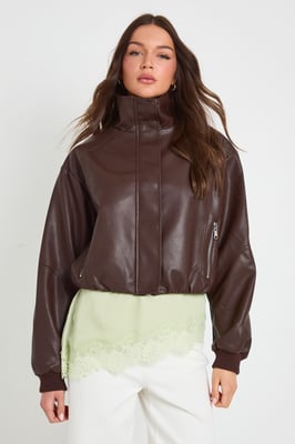 Funnel Neck Zip Pockets Faux leather Jacket