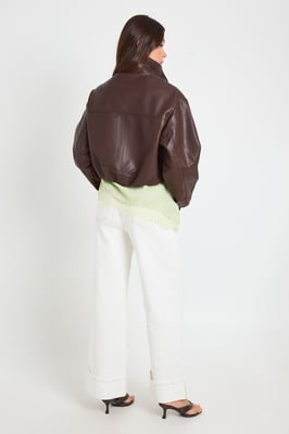Funnel Neck Zip Pockets Faux leather Jacket