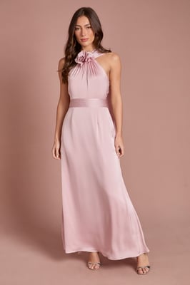 3D Corsage Satin Maxi Dress With Drape Detail