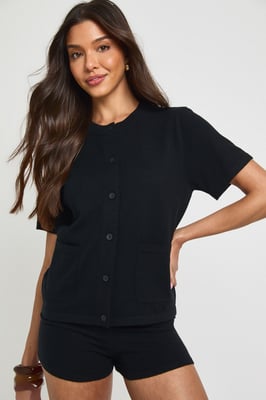Rib Knit Button Up Crew Neck Top and Micro Short Co-Ord