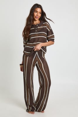 Stripe Crochet Button Down Shirt and Wide Leg Trouser Co-Ord