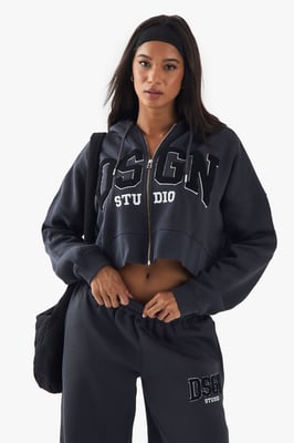 DSGN Studio Towelling Applique Zip Through Boxy Crop Hoodie