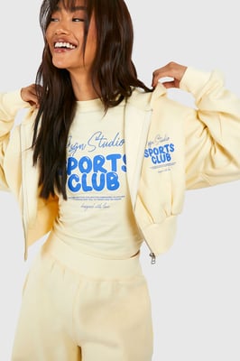 DSGN Studio Sports Club Bubble Slogan Deep Hem Zip Through Hoodie