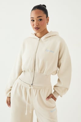 DSGN Studio Script Embroidered Cinched Deep Hem Zip Through Hoodie