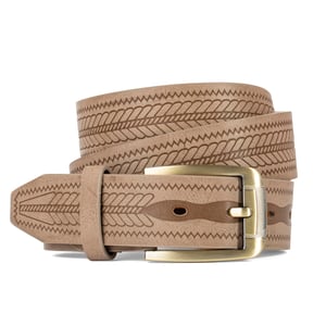 Men’s Leather Lined Belt, Engraved, Brass Buckle, 1.25″ in Beige