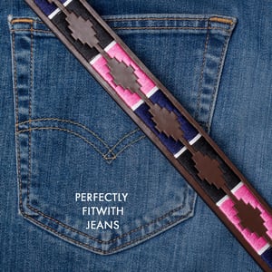 Men’s Polo Leather Belt with Colourful Embroidered Stitching in Pink