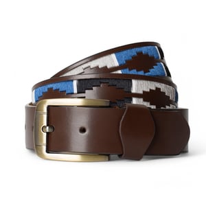 Men’s Polo Leather Belt with Colourful Embroidered Stitching in Navy