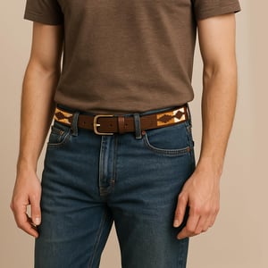 Men’s Polo Leather Belt with Colourful Embroidered Stitching in Navy