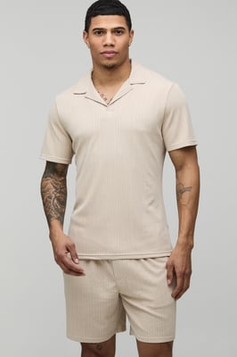 Jersey Textured Ribbed Slim Fit Polo & Relaxed Short Set