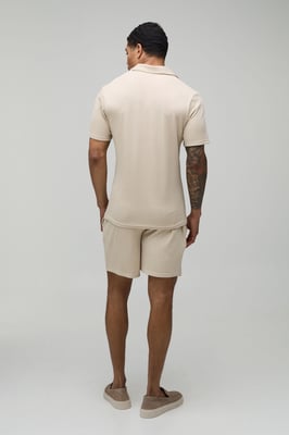 Jersey Textured Ribbed Slim Fit Polo & Relaxed Short Set