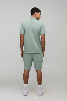 Slim Fit Waffle Zip Neck Polo & Shorts Set