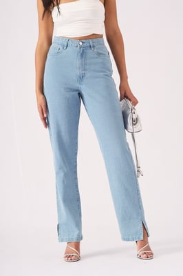 Womens Straight Leg Split Hem Jeans Light Blue Wash