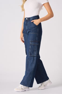Womens High Waisted Wide Leg Cargo Blue Jeans