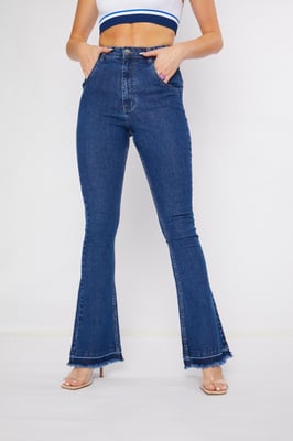 Womens High Waisted Frayed Hem Flare Jeans Mid Blue