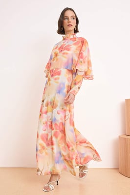 Lange maxi-jurk met bloemenprint en A-lijn model voor dames, geschikt voor hijab.