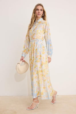 Marineblauwe maxi-jurk met bloemenprint voor dames, lange casual/dagelijkse A-lijn jurk met hijab