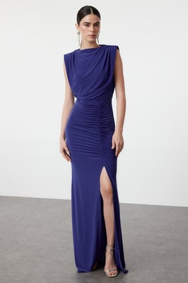 Damesjurk Blau Unifarben Maxi Lange Afstudeer-/Galajurk Slim fit Avond- & Galajurk