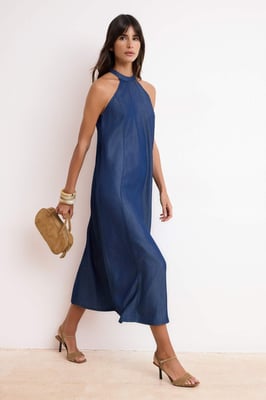 Blauwe platte maxi-jurk zonder mouwen voor dames in skaterstijl