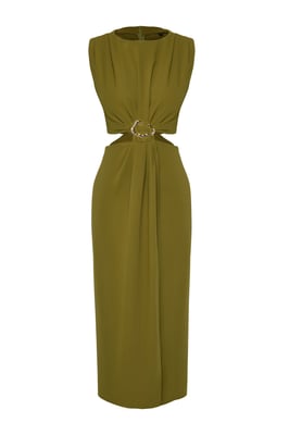 Groene, rechte, mouwloze midi-jurk voor dames, geschikt voor overdag en 's avonds.