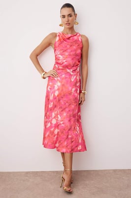 Roze abstracte midi-jurk zonder mouwen voor dames, stijlvolle/nachtjurk