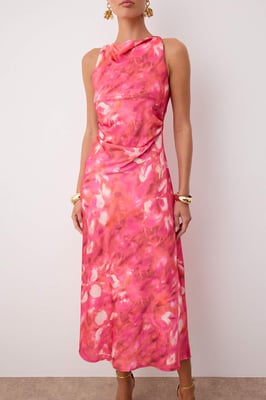 Roze abstracte midi-jurk zonder mouwen voor dames, stijlvolle/nachtjurk