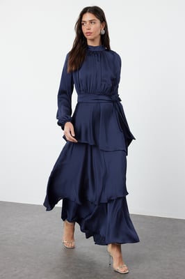 Damesjurk in donkerblauw, effen, lang, elegant, normale pasvorm, bescheiden mode, avondjurk