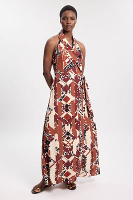 Viscose Crepe Abstract Halter Neck Midi Dress