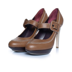Celine, Leather platform pump with strap in brown