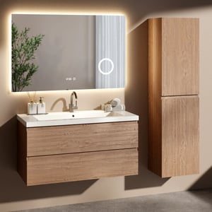 Mirlux Badkamermeubel set valento 100cm warm eiken wastafel wit