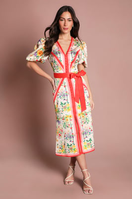 V Neck Puff Sleeve Scarf Print Satin Midi