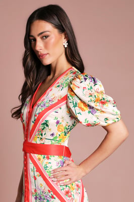 V Neck Puff Sleeve Scarf Print Satin Midi