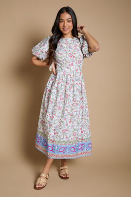 Petite Puff Sleeve Princess Seam Poplin Midi Dress
