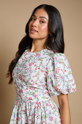 Petite Puff Sleeve Princess Seam Poplin Midi Dress