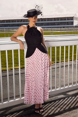 Lisa Tan Corsage Peplum Detail Spot Print Pleated Midi Dress