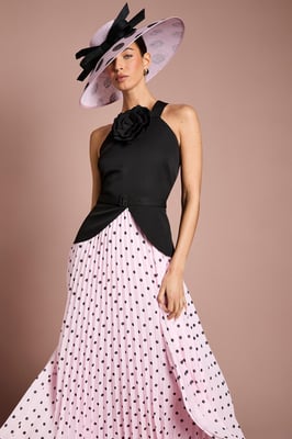 Lisa Tan Corsage Peplum Detail Spot Print Pleated Midi Dress