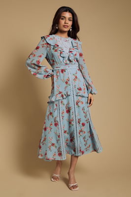 Petite Chiffon Printed Lace Trim Detail Ruffle Midi Dress